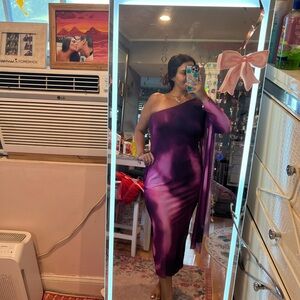 Plus Size One Shoulder Satin Maxi Dress Abstract Aura Print Draped Sleeve 2X